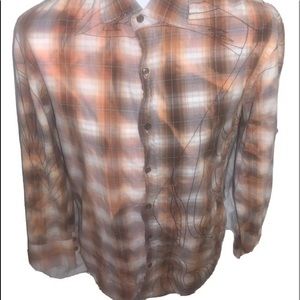 Roar Mens Medium  Orange/Brown Plaid Embroidered Long Sleeve Button Up Shirt
